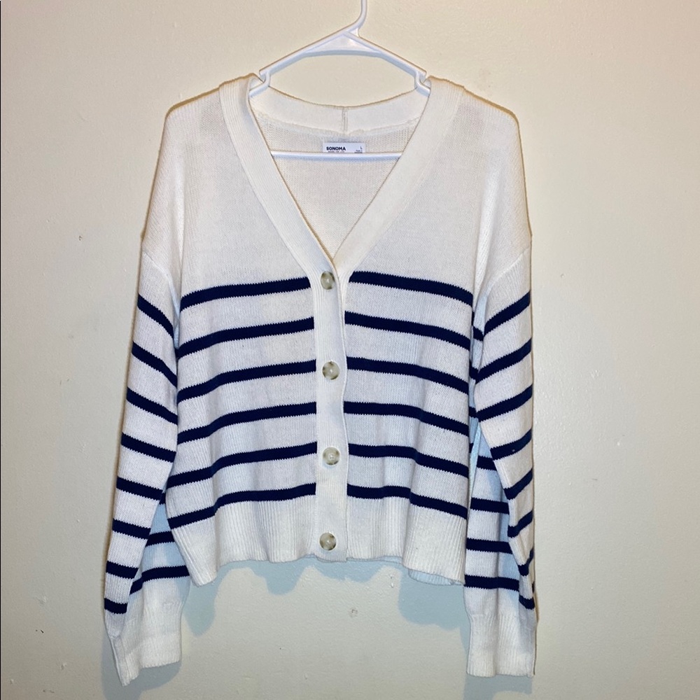 Sonoma White and Blue Striped Cardigan Sweater